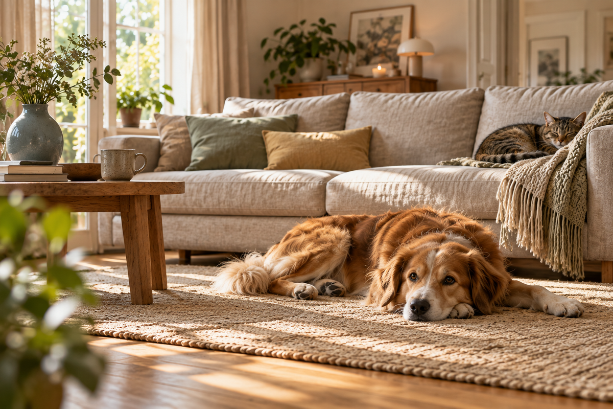 AI-generated living room scene: a dog on a light rug and a cat on a sofa, with wood and warm natural tones.